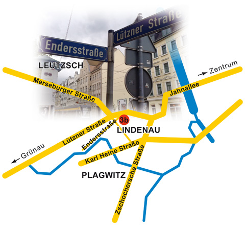 Anfahrt zur Kanzlei in der Endersstraße 3b in Leipzig Lindenau